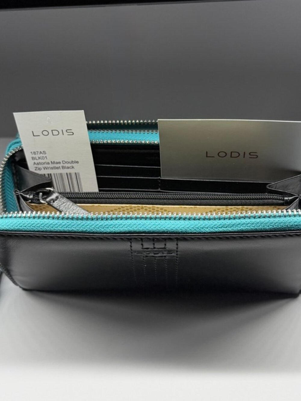 LODIS Black Leather Double Zip Wristlet Wallet Teal & Black Silver Hardware NWT - Picture 11 of 14